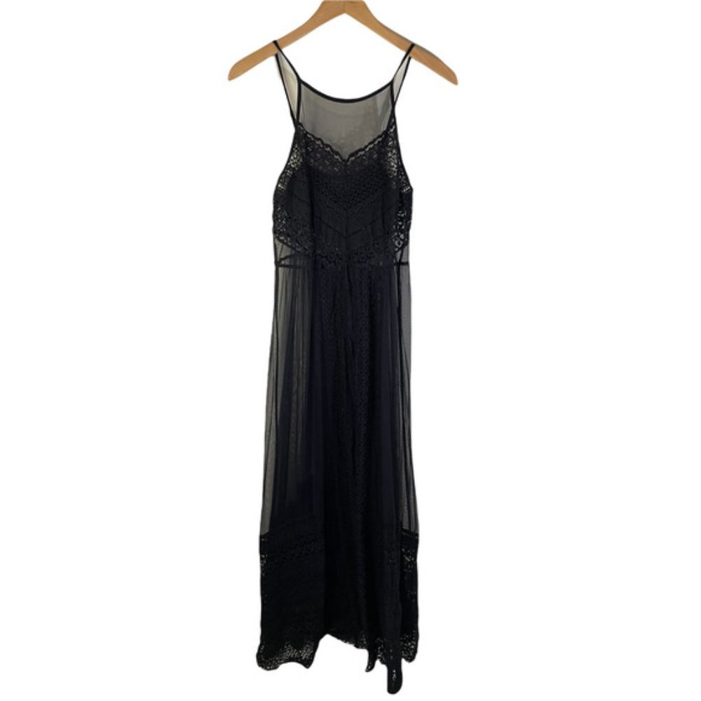 High Neck Lace Mesh Beach Cover Up Dress Black